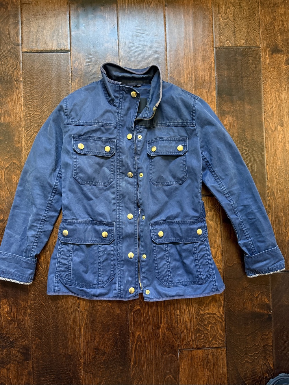 J. Crew Navy Downtown Field Jacket Waxed with Brass Buttons 100% cotton